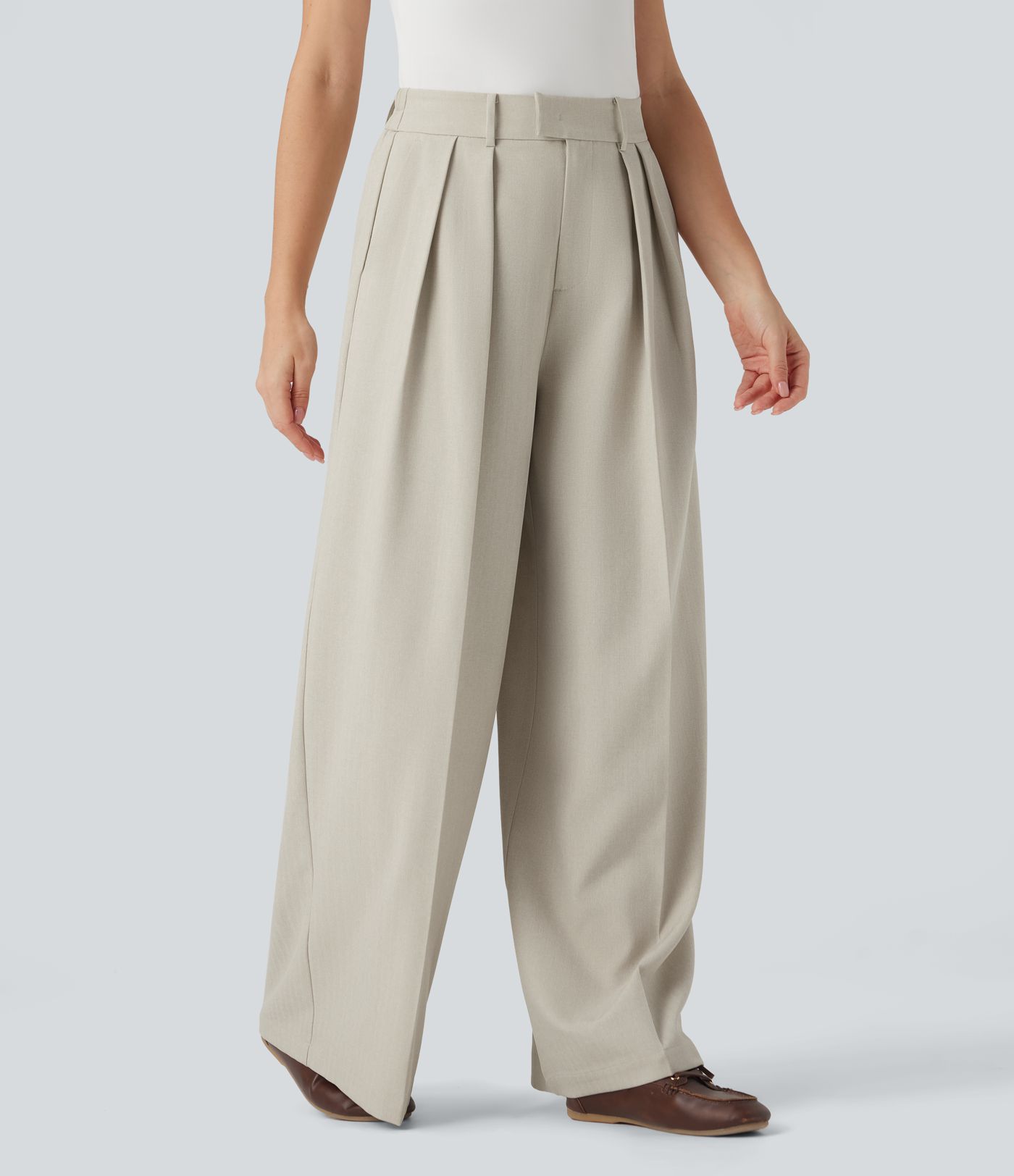 High Waisted Wide Leg Work Linen-Feel Trousers with Pockets