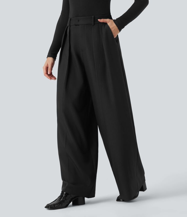 Anti-Wrinkle High Waisted Wide Leg Work Linen-Feel Pants with Pockets