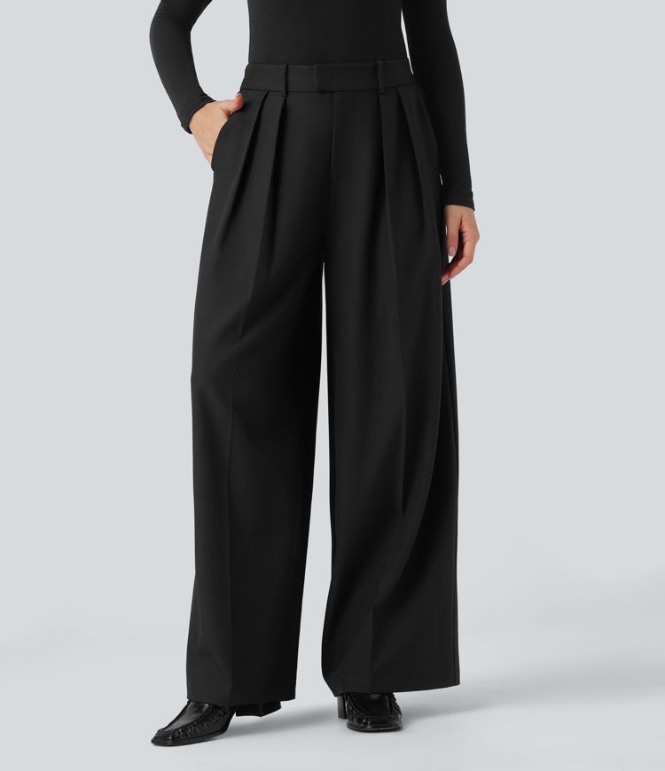 Anti-Wrinkle High Waisted Wide Leg Work Linen-Feel Pants with Pockets