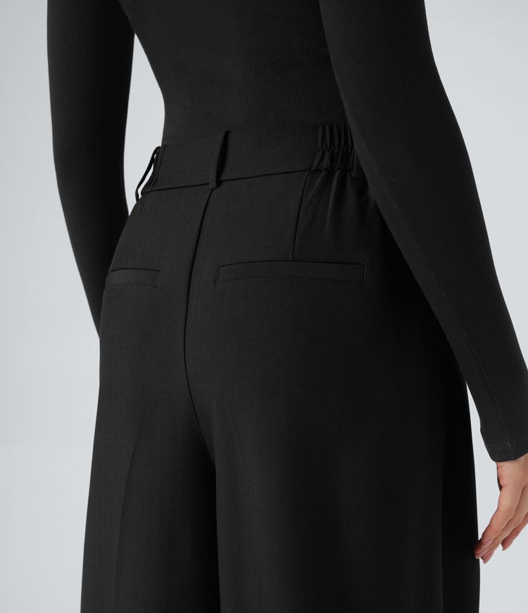 Anti-Wrinkle High Waisted Wide Leg Work Linen-Feel Pants with Pockets