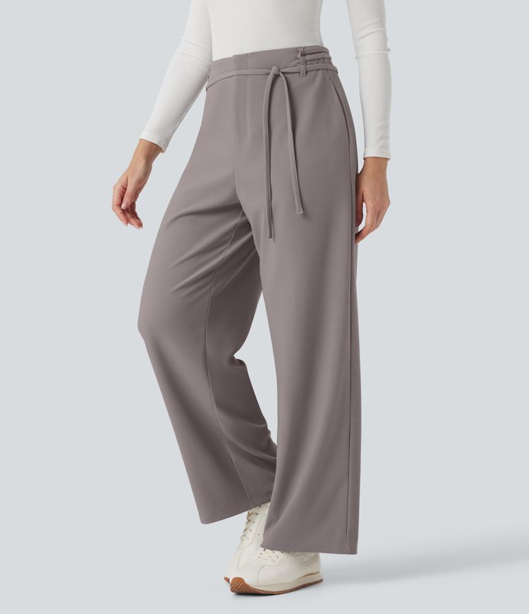 Halara Flex™ Mid Rise Tie Front Straight Leg Micro Waffle Work Pants with Pockets