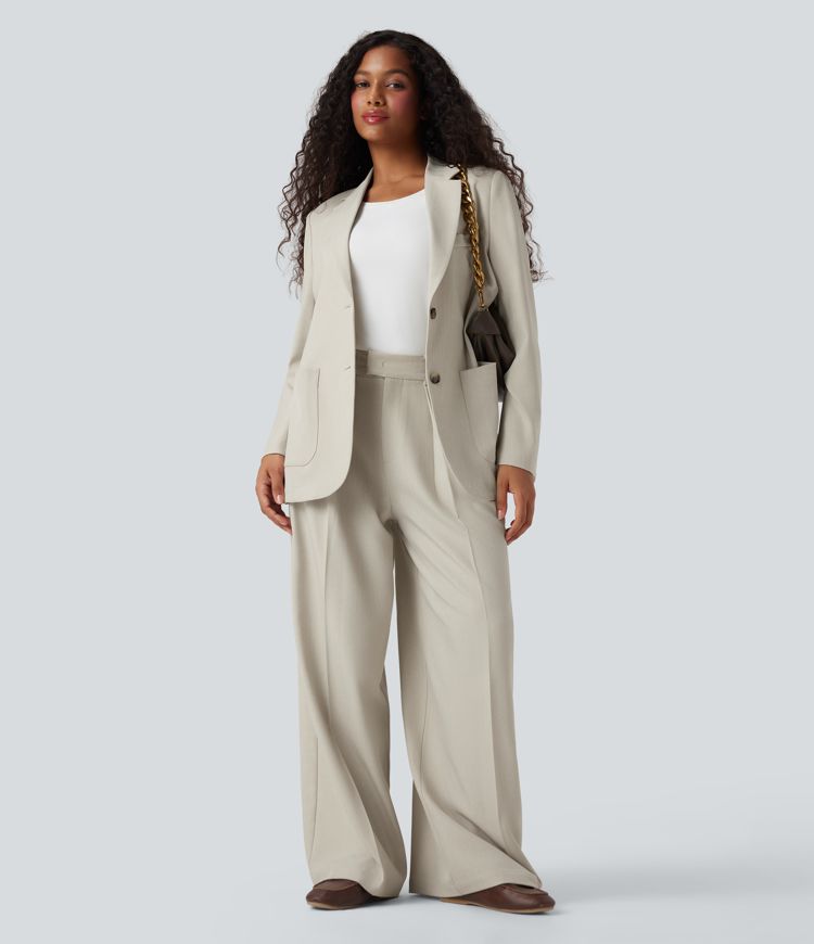 Notched Collar Long Sleeve Work Linen-Feel Blazer with Pockets