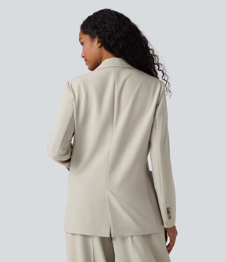 Anti-Wrinkle Notched Collar Long Sleeve Work Linen-Feel Blazer with Pockets