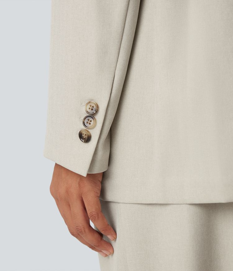 Notched Collar Long Sleeve Work Linen-Feel Blazer with Pockets