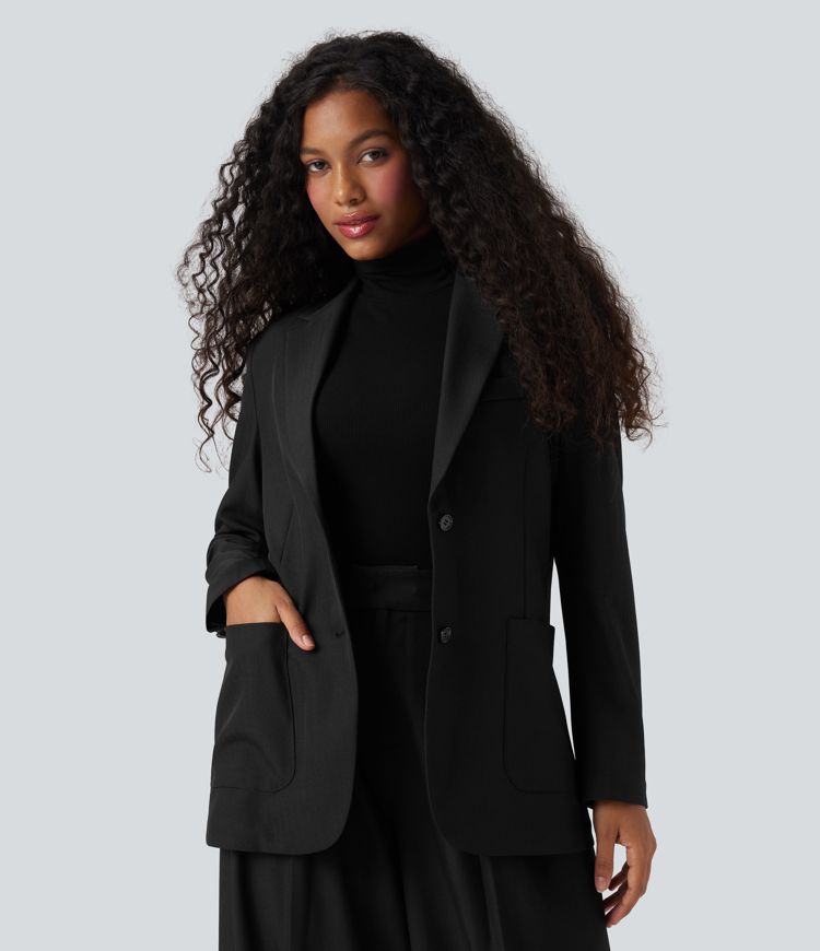 Anti-Wrinkle Notched Collar Long Sleeve Work Linen-Feel Blazer with Pockets