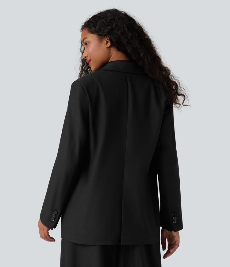 Anti-Wrinkle Notched Collar Long Sleeve Work Linen-Feel Blazer with Pockets