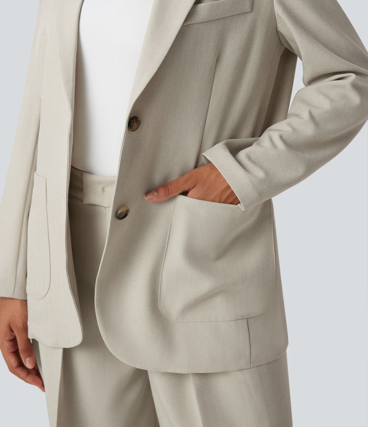 Notched Collar Long Sleeve Work Linen-Feel Blazer with Pockets