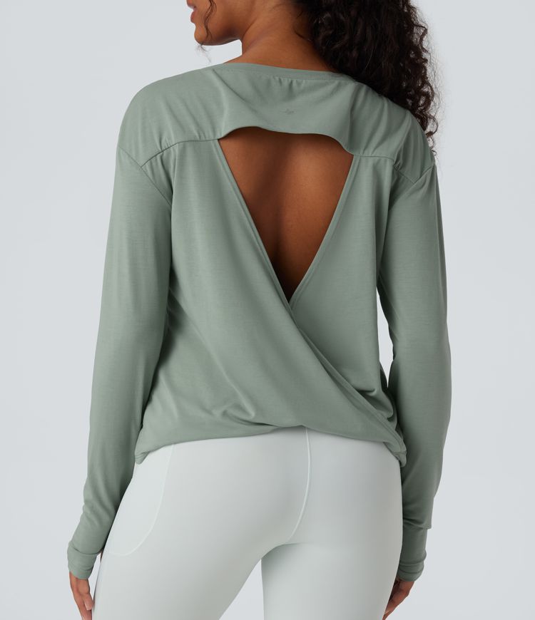 Boat Neck Long Sleeve Thumb Hole Cut Out Quick Dry Yoga Sports Top