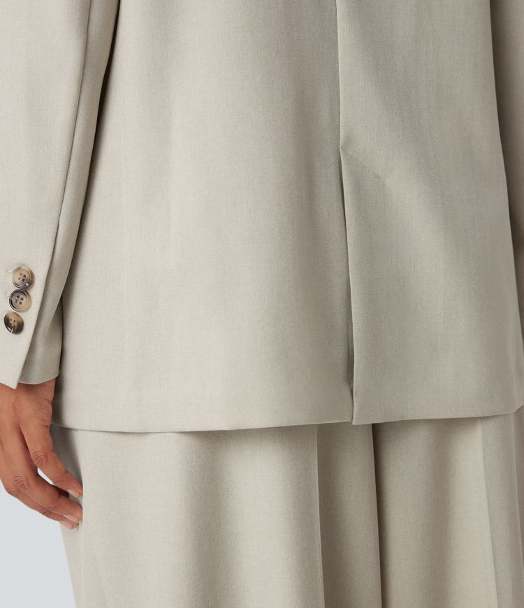 Notched Collar Long Sleeve Work Linen-Feel Blazer with Pockets