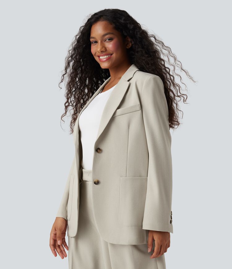 Notched Collar Long Sleeve Work Linen-Feel Blazer with Pockets