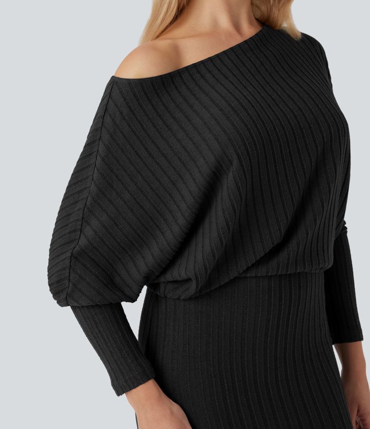 Robe mi-longue moulante décontractée maille côtelée épaules dénudées manches chauve-souris