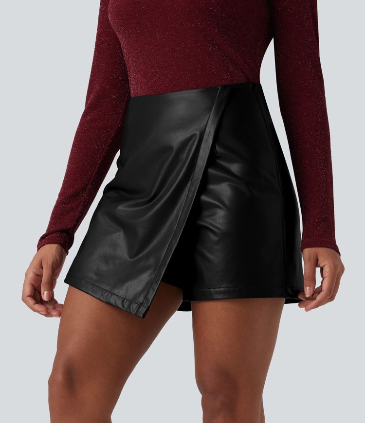 High Waisted Mini Fleece Casual PU Leather Skort