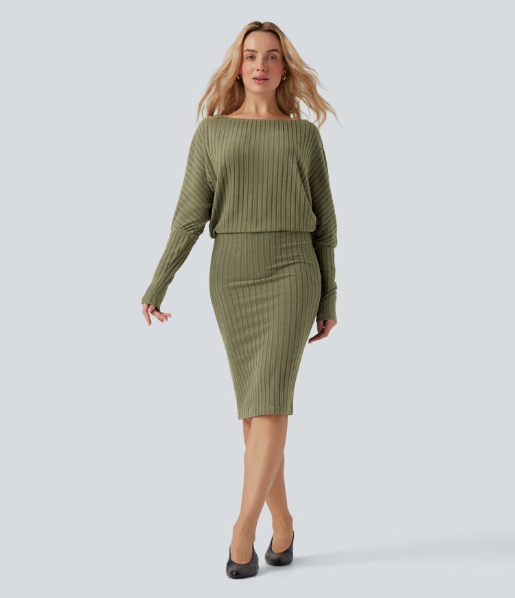 Ribbed Knit Off-shoulder Batwing Long Sleeve Bodycon Midi Casual Dress