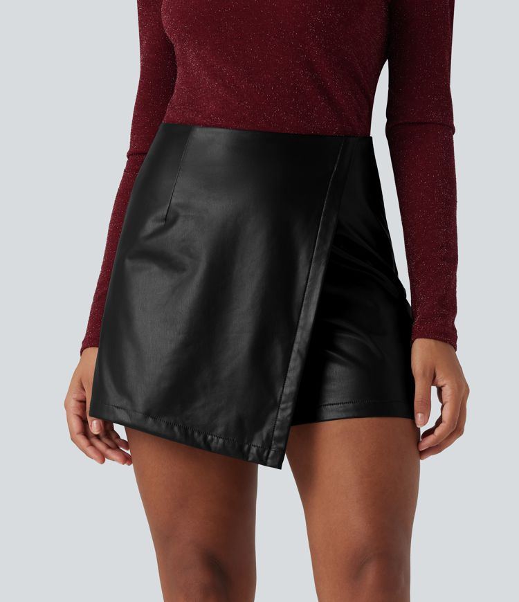High Waisted Mini Fleece Casual PU Leather Skort