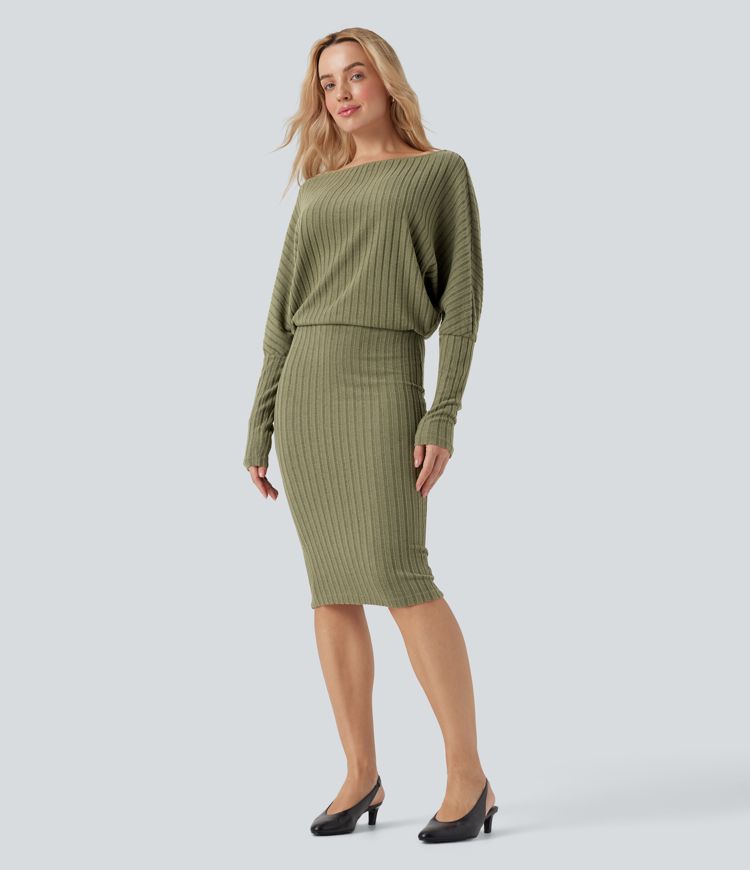 Ribbed Knit Off-shoulder Batwing Long Sleeve Bodycon Midi Casual Dress