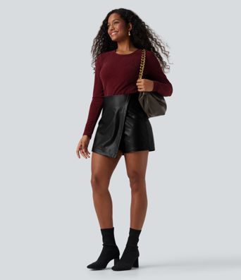 High Waisted Mini Fleece Casual PU Leather Skort