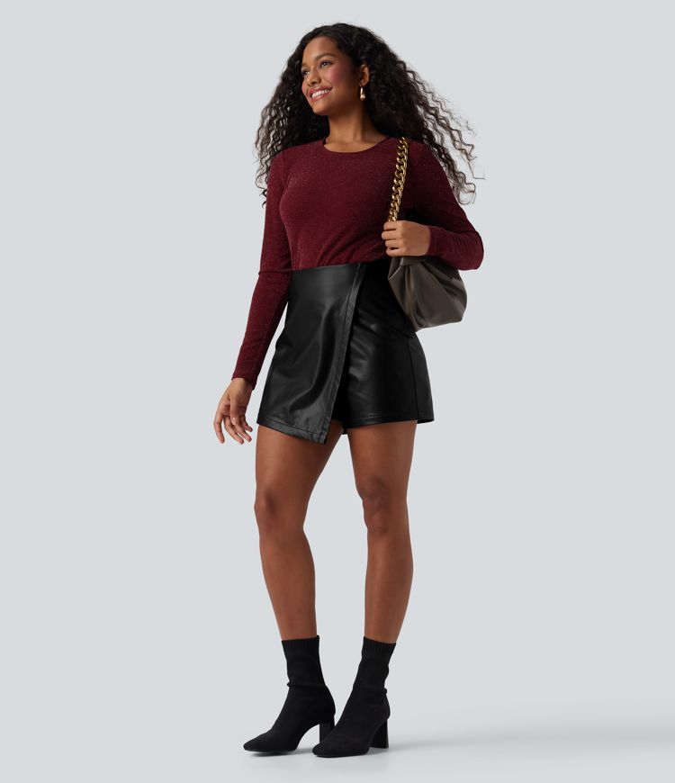 High Waisted Mini Fleece Casual PU Leather Skort