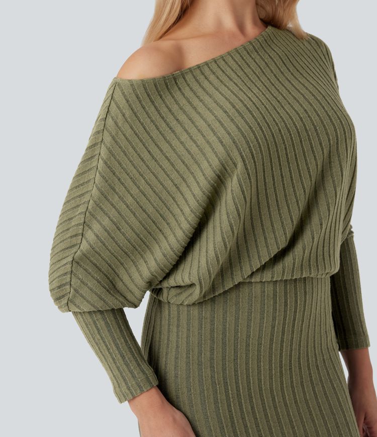 Ribbed Knit Off-shoulder Batwing Long Sleeve Bodycon Midi Casual Dress