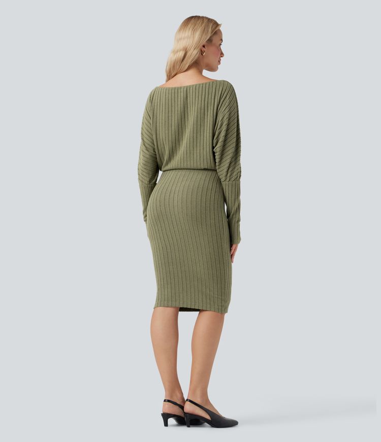 Ribbed Knit Off-shoulder Batwing Long Sleeve Bodycon Midi Casual Dress