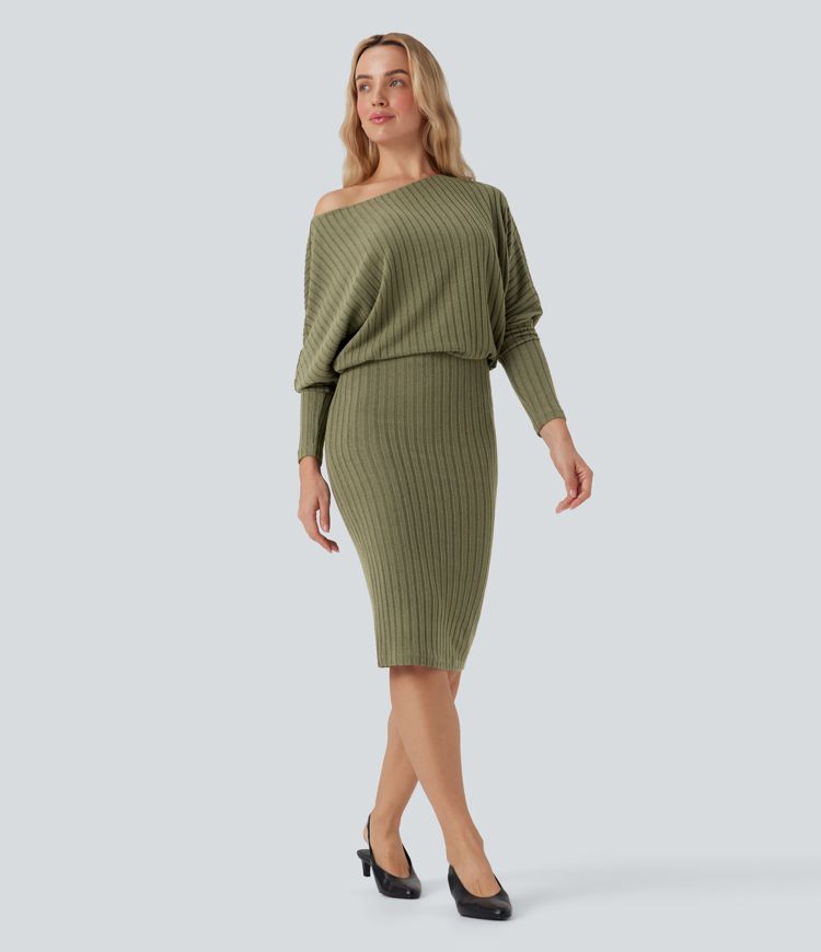 Ribbed Knit Off-shoulder Batwing Long Sleeve Bodycon Midi Casual Dress