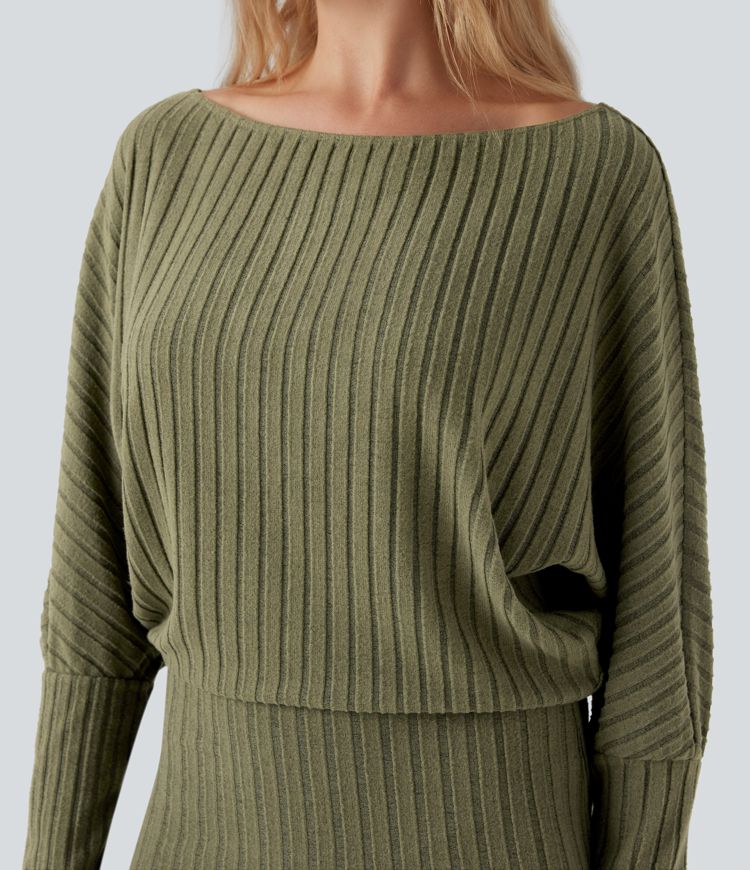 Ribbed Knit Off-shoulder Batwing Long Sleeve Bodycon Midi Casual Dress