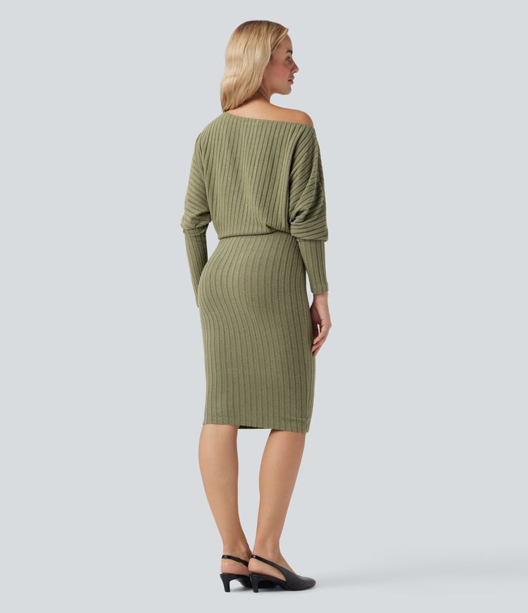 Ribbed Knit Off-shoulder Batwing Long Sleeve Bodycon Midi Casual Dress
