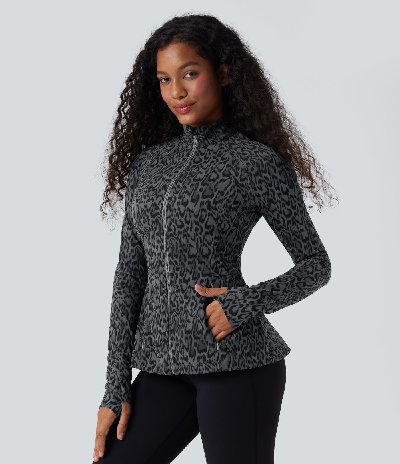 Halara UltraSculpt™ Leopard Print Stand Collar Long Sleeve Thumb Hole Casual Jacket with Pockets