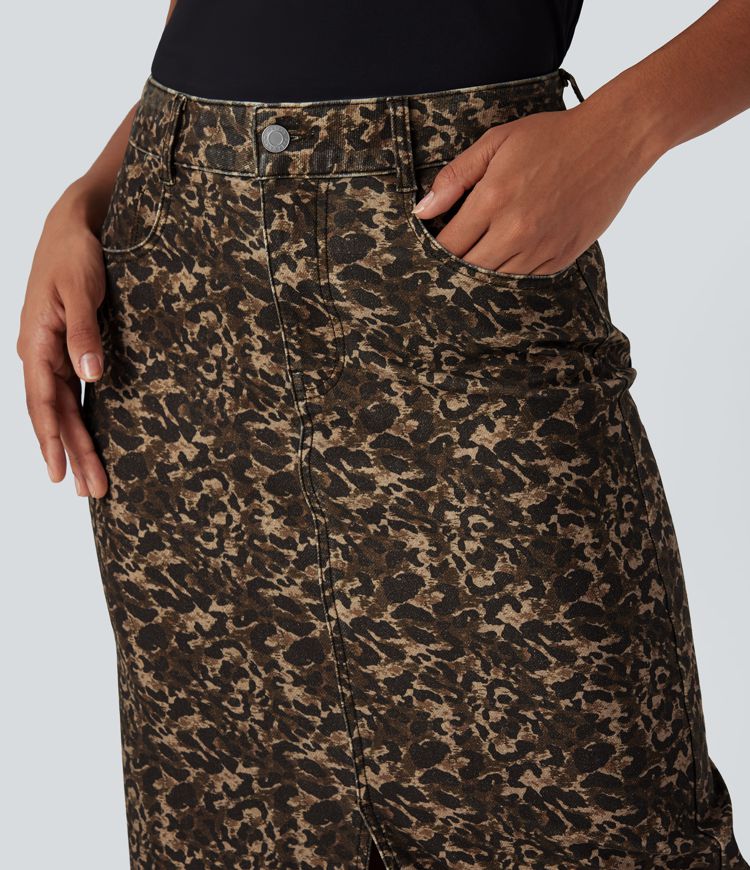 Jupe denim Halara Flex™ droite fendue imprimé léopard taille haute avec poches