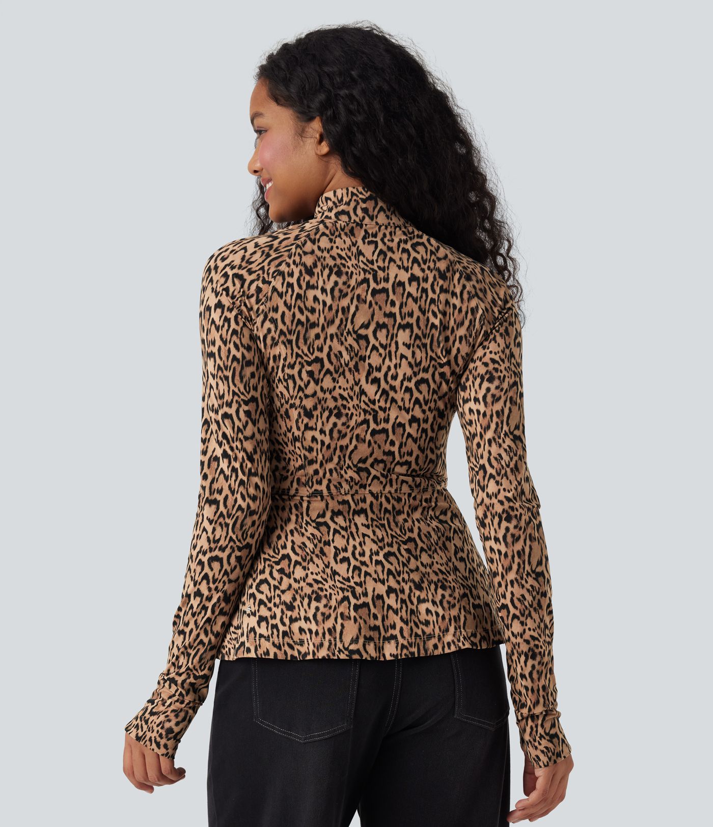 Halara UltraSculpt™ Leopard Print Stand Collar Long Sleeve Thumb Hole Casual Jacket with Pockets