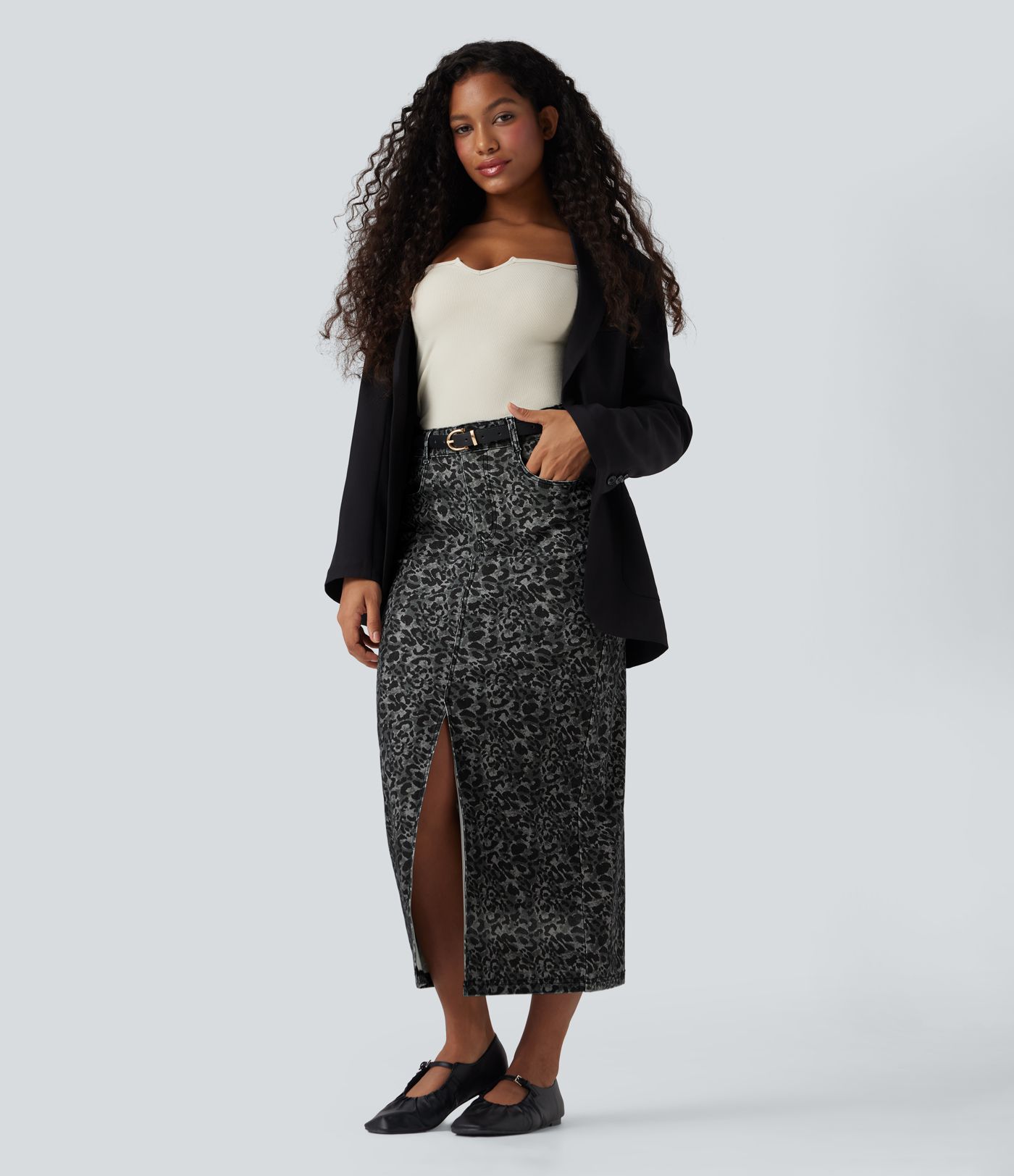 Jupe denim Halara Flex™ droite fendue imprimé léopard taille haute avec poches