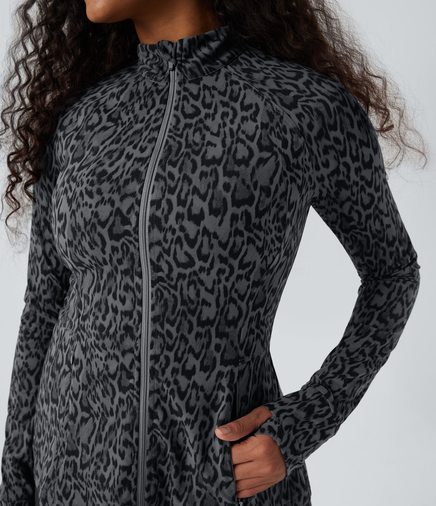 Halara UltraSculpt™ Leopard Print Stand Collar Long Sleeve Thumb Hole Casual Jacket with Pockets