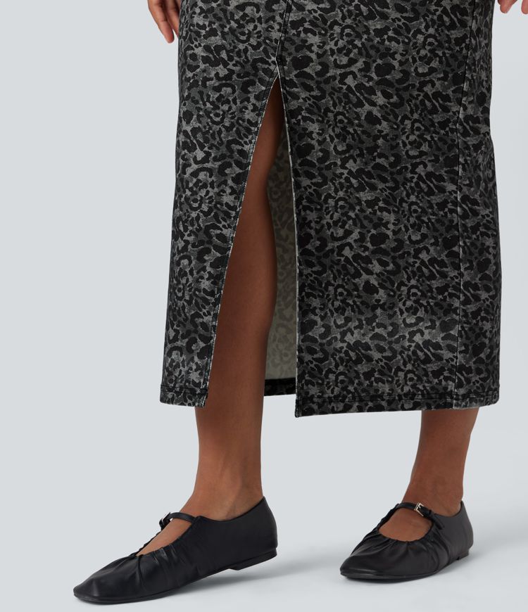Jupe denim Halara Flex™ droite fendue imprimé léopard taille haute avec poches