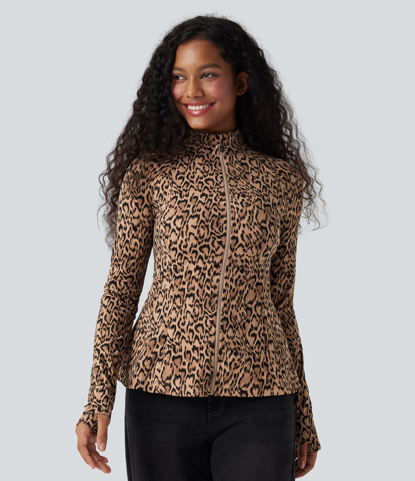 Halara UltraSculpt™ Leopard Print Stand Collar Long Sleeve Thumb Hole Casual Jacket with Pockets