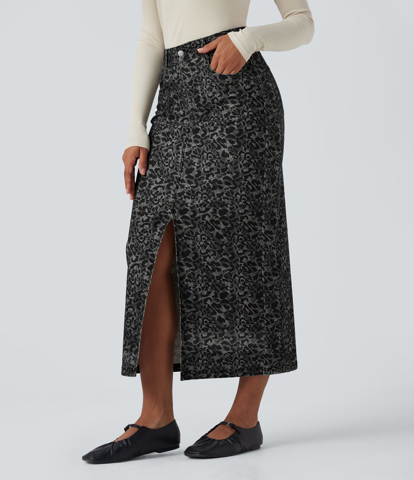 Jupe denim Halara Flex™ droite fendue imprimé léopard taille haute avec poches