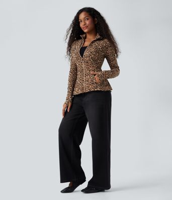 Halara UltraSculpt™ Leopard Print Stand Collar Long Sleeve Thumb Hole Casual Jacket with Pockets