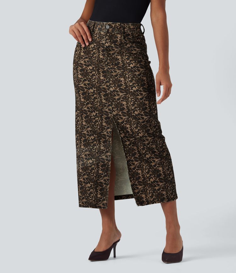 Jupe denim Halara Flex™ droite fendue imprimé léopard taille haute avec poches