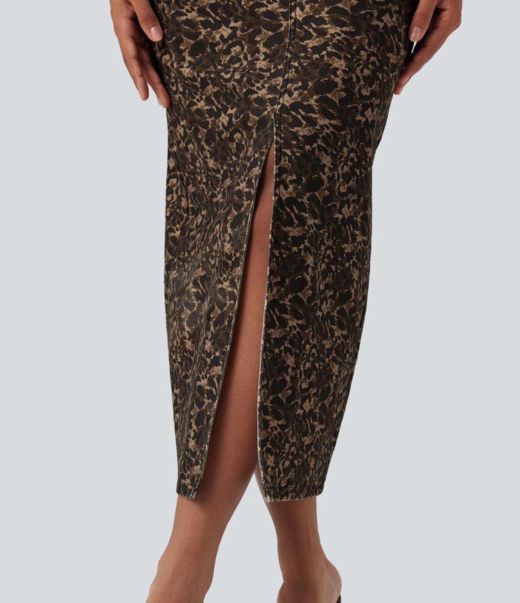 Jupe denim Halara Flex™ droite fendue imprimé léopard taille haute avec poches