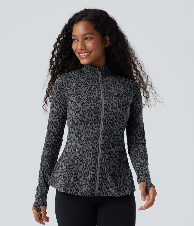 Halara UltraSculpt™ Leopard Print Stand Collar Long Sleeve Thumb Hole Casual Jacket with Pockets