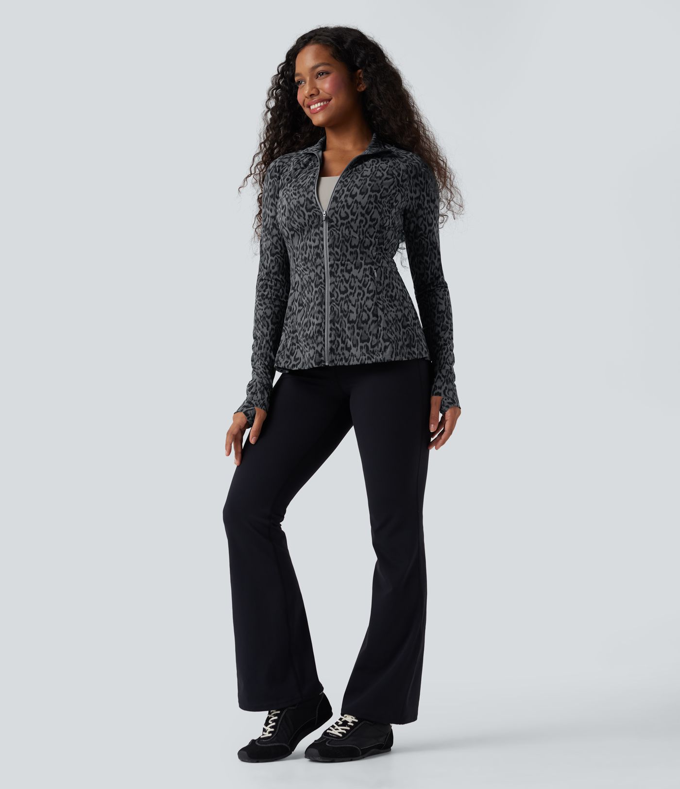 Halara UltraSculpt™ Leopard Print Stand Collar Long Sleeve Thumb Hole Casual Jacket with Pockets