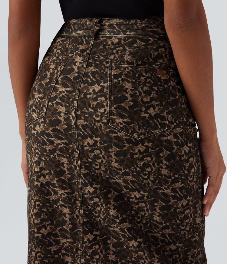 Jupe denim Halara Flex™ droite fendue imprimé léopard taille haute avec poches