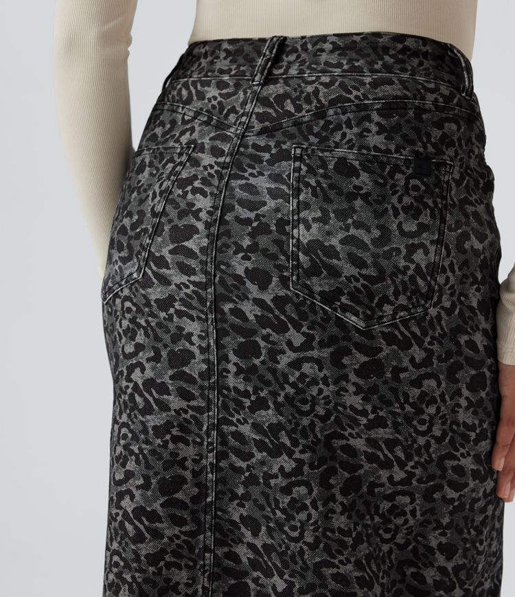 Jupe denim Halara Flex™ droite fendue imprimé léopard taille haute avec poches