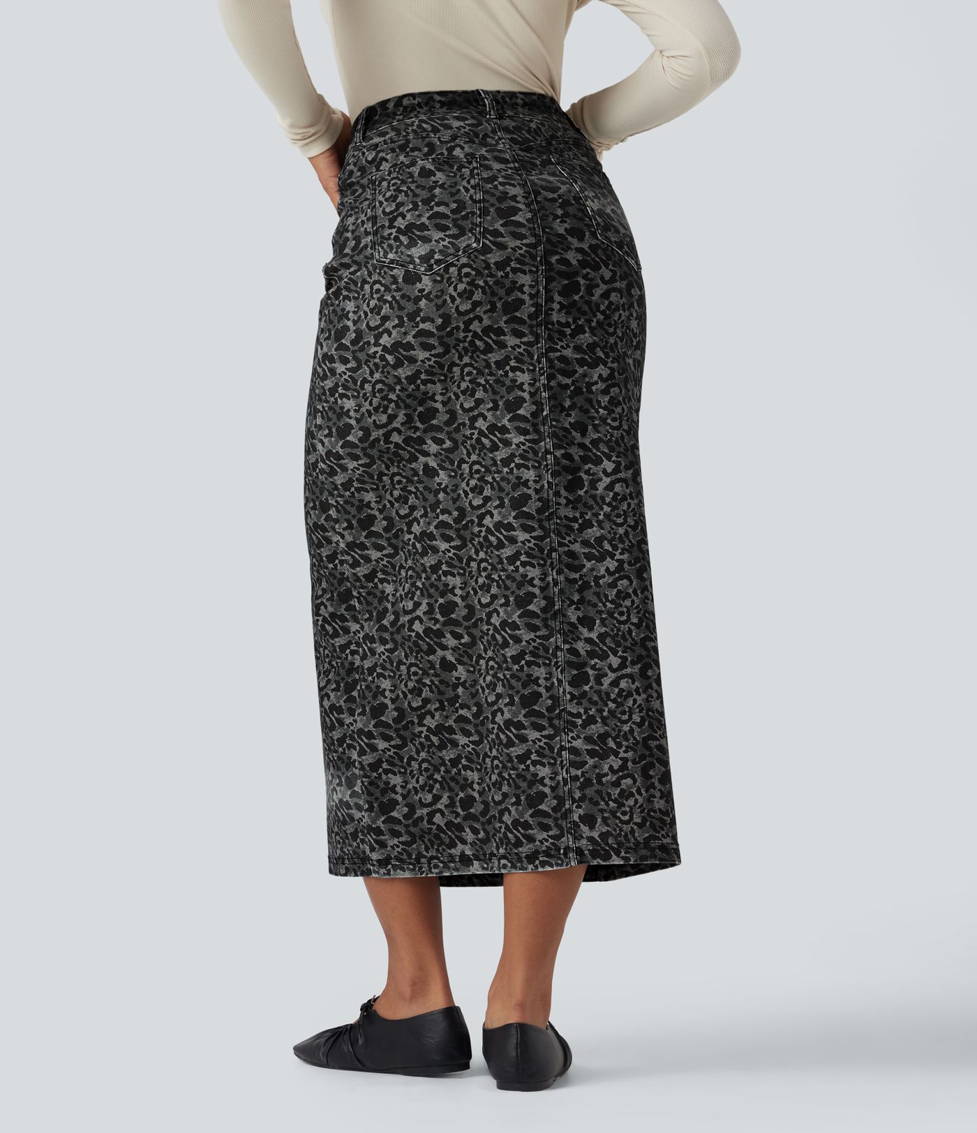 Jupe denim Halara Flex™ droite fendue imprimé léopard taille haute avec poches
