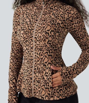 Halara UltraSculpt™ Leopard Print Stand Collar Long Sleeve Thumb Hole Casual Jacket with Pockets