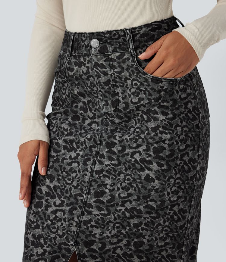 Jupe denim Halara Flex™ droite fendue imprimé léopard taille haute avec poches