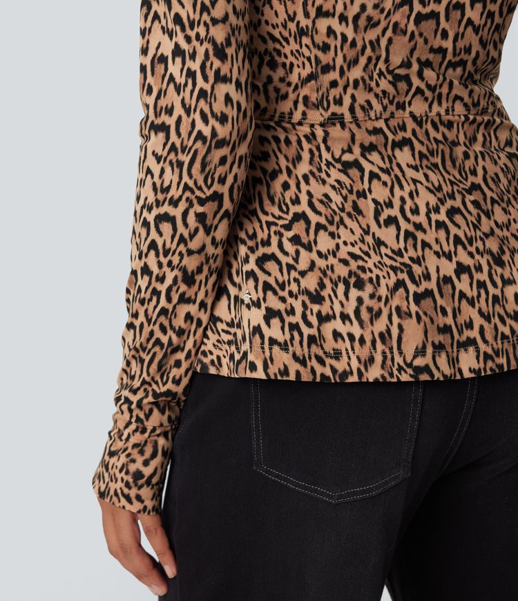 Halara UltraSculpt™ Leopard Print Stand Collar Long Sleeve Thumb Hole Casual Jacket with Pockets