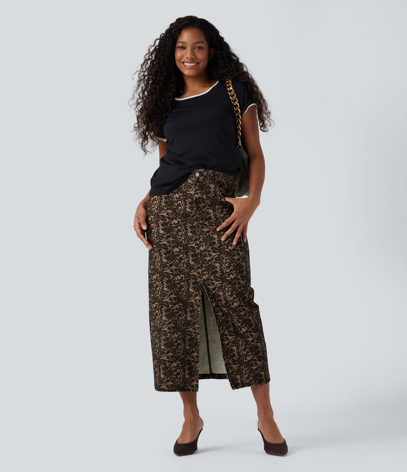 Jupe denim Halara Flex™ droite fendue imprimé léopard taille haute avec poches