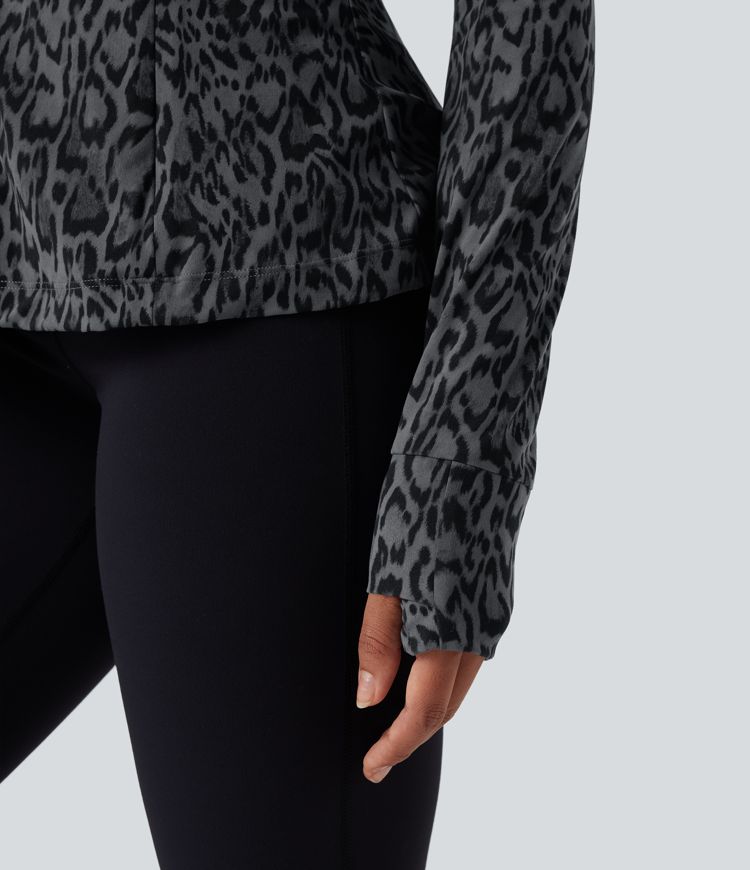Halara UltraSculpt™ Leopard Print Stand Collar Long Sleeve Thumb Hole Casual Jacket with Pockets