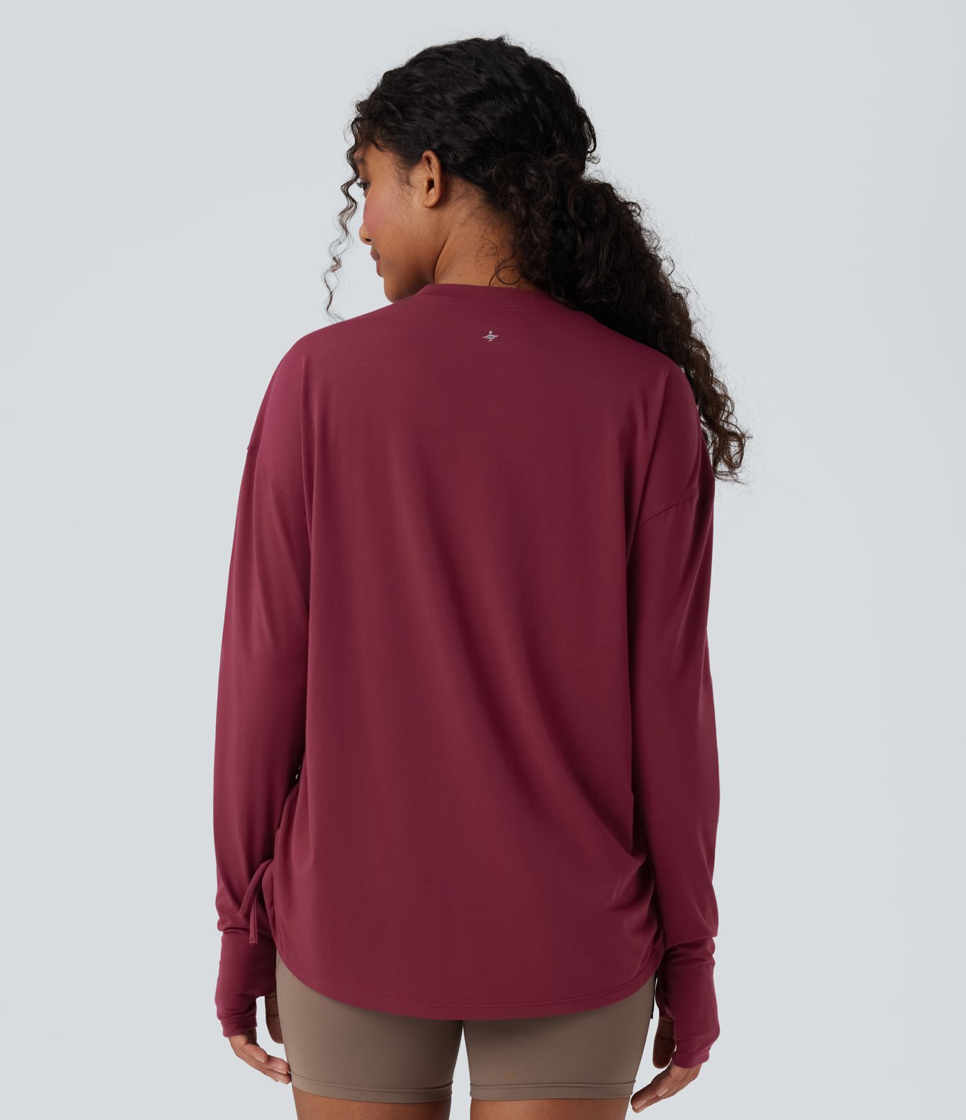 Round Neck Long Sleeve Thumb Hole Drawstring Quick Dry Yoga Sports Top