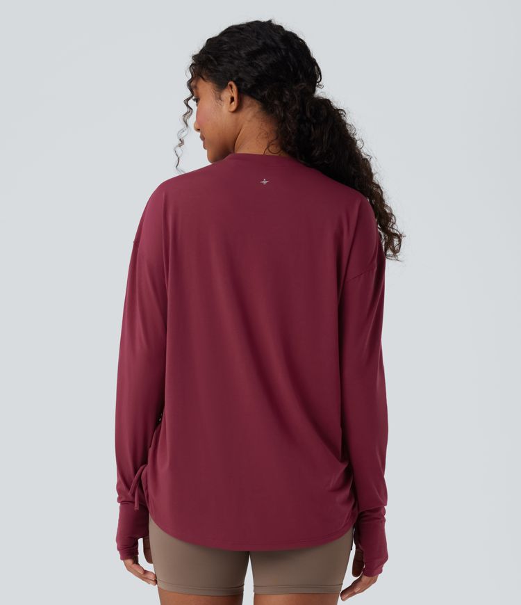 Round Neck Long Sleeve Thumb Hole Drawstring Quick Dry Yoga Sports Top