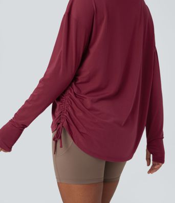 Round Neck Long Sleeve Thumb Hole Drawstring Quick Dry Yoga Sports Top